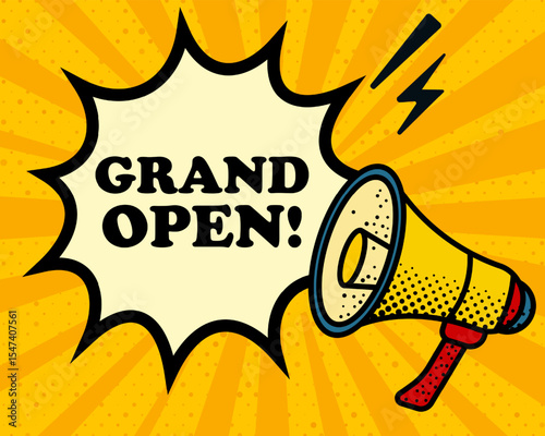 Grand open speech bubble. Megaphone, lightning, speech burst, sound lines, pop art style, loudspeaker, public speaking, yellow background, expression, voice, alert, broadcast