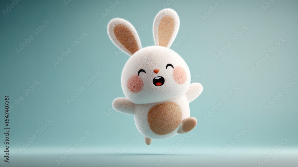 Obraz premium Cute white rabbit jumping happily with soft fur and pink cheeks on blue background