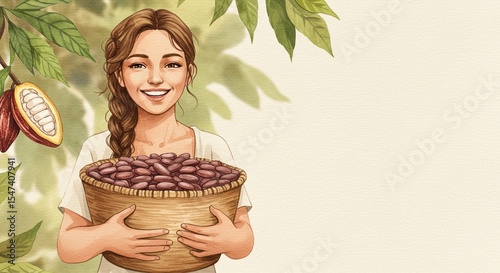 Happy farmer holds rich cocoa harvest. This harvest ensures quality chocolate