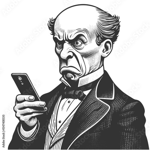 Funny furious bald man in formal attire glaring at a modern smartphone with visible frustration sketch engraving generative ai fictional character vector illustration. Scratch board. Black and white.