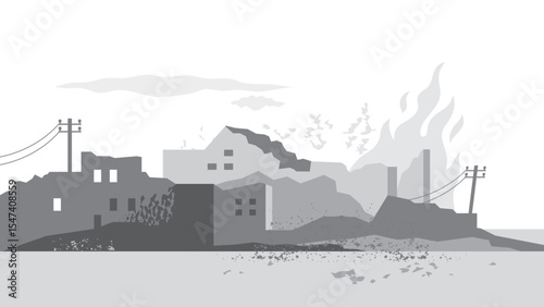 Black and white vector illustration of  war torn city ruined