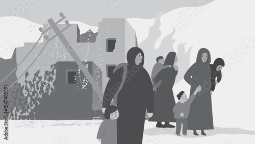 Black and white vector illustration on the theme of war, refugees, world conflict, social problems in the world. Group of exhausted people on background ruined houses