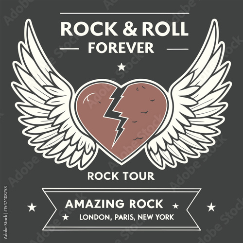 Distressed Brown Heart Graphic T Shirt Design with White Wings Rock and Roll Forever Tour London Paris New York