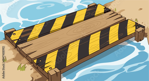 Cartoonish wooden bridge with yellow and black stripes over blue water