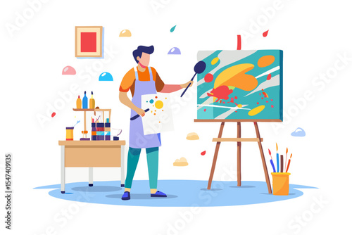 Male artist painting abstract artwork in studio