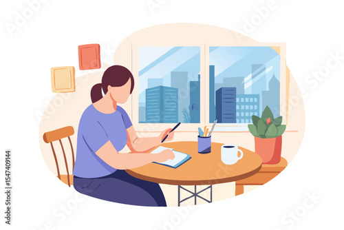 Woman writing in notebook at home office with city view