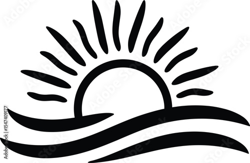 Sunrise Over Ocean Waves Simple Black and White Illustration