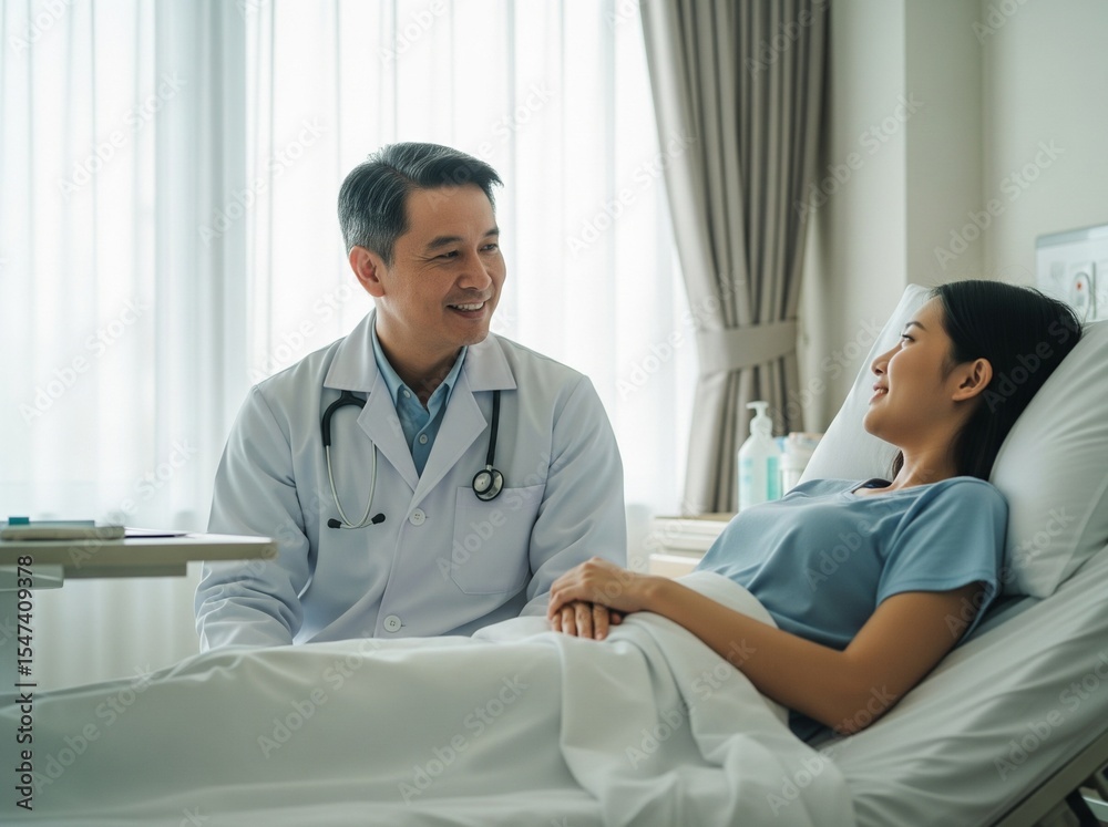 Obraz premium Doctor Comforting Female Patient in Hospital Bed During Medical Consultation