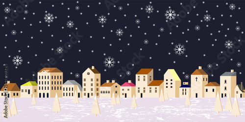 Panoramic Vector Illustration Depicting a Christmas and New Year Winter Night Town Scene with Falling Snow and Border of Houses and Stylized Trees in Snowy Landscape.