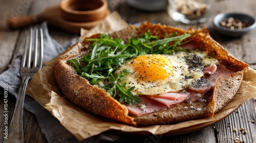 Savory buckwheat galette bretonne with fried egg, ham, and arugula