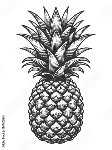 Pineapple sketch engraving generative ai fictional character vector illustration. Scratch board imitation. Black and white image.