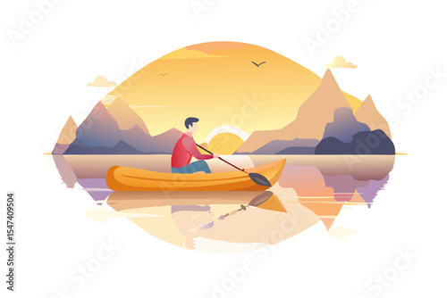 Man kayaking at sunset in mountain lake