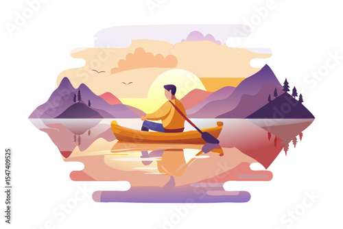 Man rowing boat on calm lake at sunset