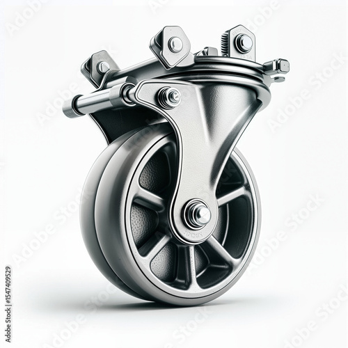Metal industrial caster wheel with axle and hardware components   isolated white background