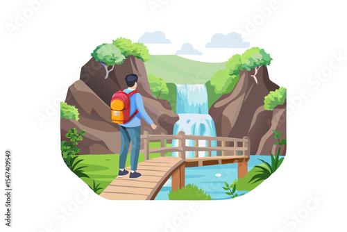 Hiker at waterfall scenic viewpoint wooden bridge