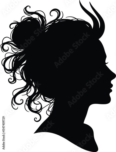 Elegant Woman Silhouette Profile Vector Art, Curly Hair, Updo, Eps, Illustration