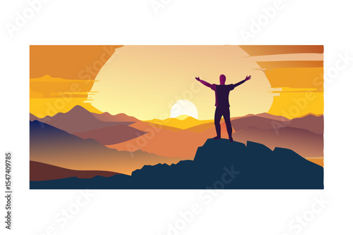 Man celebrating success on mountaintop at sunrise