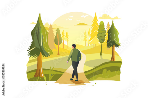 Man walking on path through a sunny forest