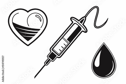 Syringe with heart and blood drop isolated on white background