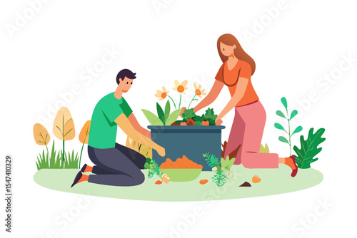 Couple composting together in their garden