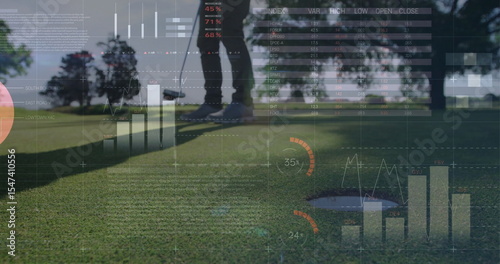 Preparing golfer aligning putter near golf ball hole flagstick on golf green with digital overlays
