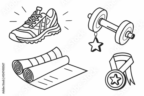 Fitness equipment and medal isolated on white background