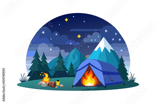 Night camping scene with mountains and campfire