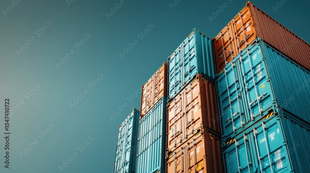 Fototapeta premium An artistic composition of stacked shipping containers against a bright, clear sky, showcasing the vibrant colors and patterns symbolizing trade and global commerce.