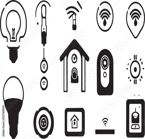 An array of smart home device icons including light bulbs, cameras, and a robot vacuum cleaner