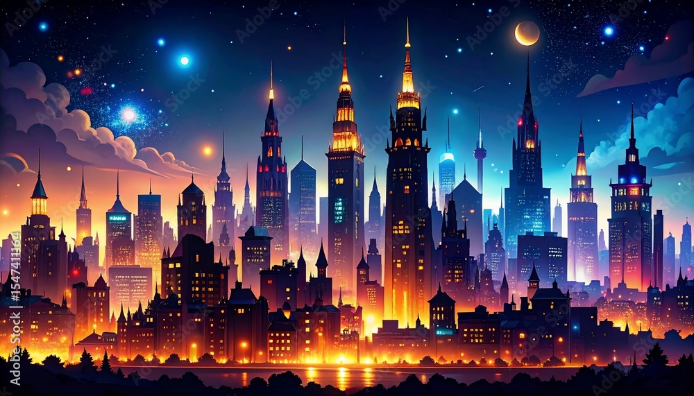 Fototapeta premium Night Cityscape: A Vibrant Metropolis Under a Starry Sky