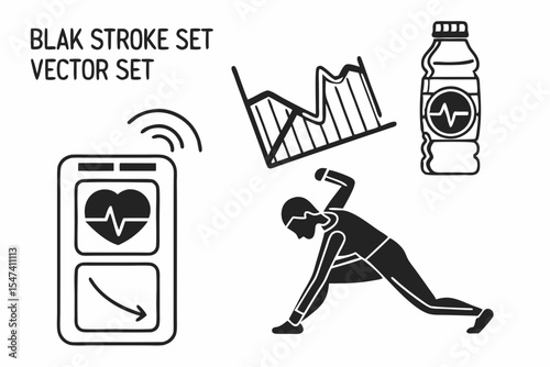 Fitness and exercise black stroke vector set isolated on white background