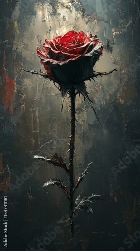 A Solitary Crimson Rose: A Symbol of Love, Loss, and Enduring Beauty Against a Dark, Textured Canvas, Evoking a Sense of Passionate Melancholy.