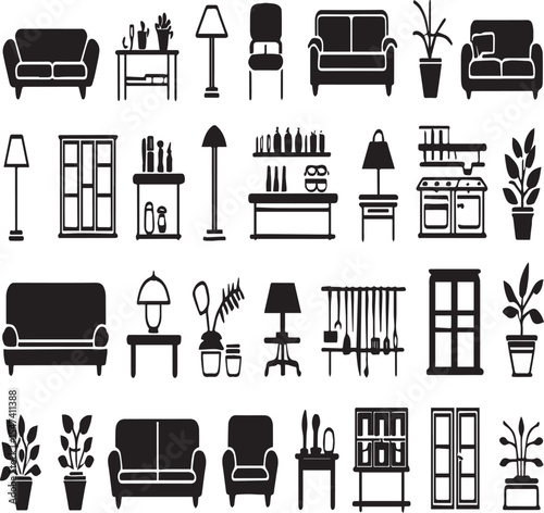 Collection of black and white furniture icons including sofas tables and plants on a white background