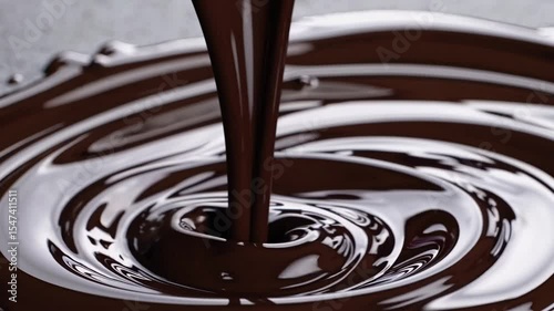 Flowing Indulgence: A stream of rich, dark chocolate cascades gracefully, creating captivating ripples of pure decadence in a photorealistic, appetizing capture.