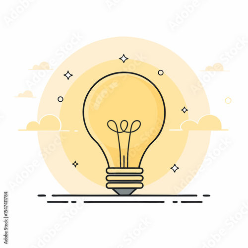 Glowing Light Bulb Icon: Minimalist Flat Design for Idea, Innovation, Creative Solution