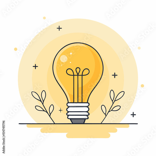Glowing Light Bulb Icon: Minimalist Flat Design for Idea, Innovation, Creative Solution