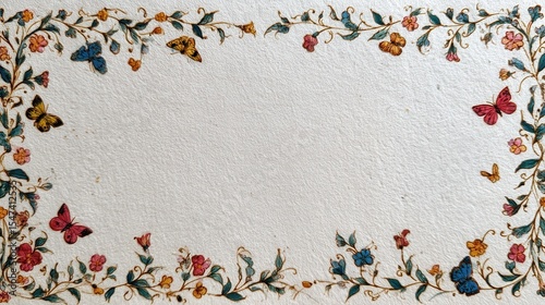 A beautiful vintage floral border with small butterflies and vines on white paper.