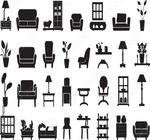 A collection of various furniture and decor items displayed in black silhouette on a white background