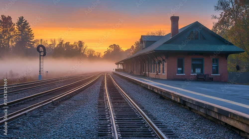 Naklejka premium quiet train station, sunrise, mist on rails.