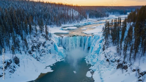 Drone View of Frozen Valley Waterfall 