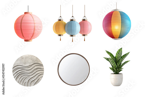 A collection of decorative items including colorful paper lanterns, an elegant mirror, a plant, and a textured plate, adding a touch of charm to any living space.