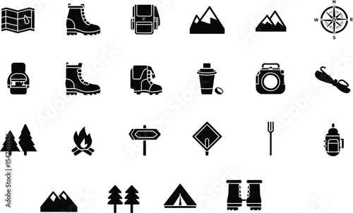 Black and White Outdoor Adventure Icon Set – Seamless Pattern Featuring Camping Gear, Hiking Tools, and Nature Symbols for Travel-Themed Designs and Prints