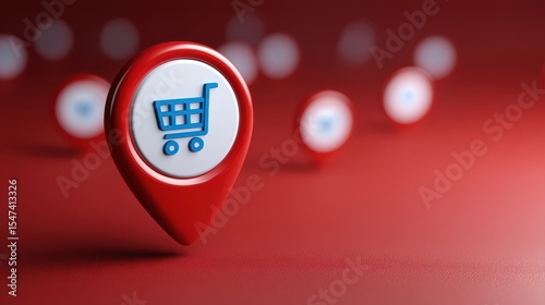 Red pin with white circle and blue shopping cart icon.