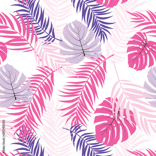 Tropical Palm and Monstera Leaves Seamless Pattern – Pink and Purple Botanical Design

