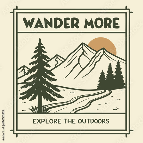 Vintage Style Mountain Landscape Illustration Wander More Explore The Outdoors Green Trees Beige Mountains Winding