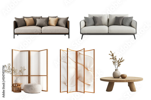 A modern living room setup featuring stylish sofas, a decorative screen, and a contemporary coffee table. This arrangement enhances the ambiance with warmth and elegance.