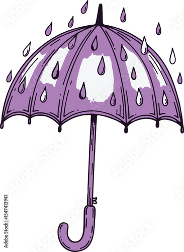 A stylized purple umbrella, rain drops, and a rainy day.