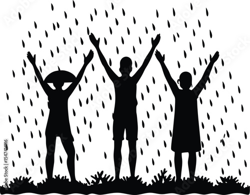 Silhouette of farmers celebrating the first rain