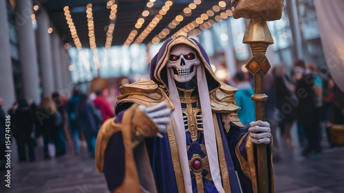 Anime cosplayer in skeleton magician costume posing at a convention