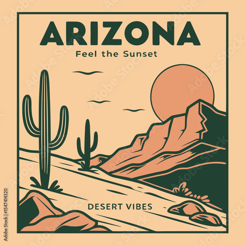 Arizona Desert Sunset Vintage Style Illustration Featuring Saguaro Cacti Peach Colored Mountains and Dark Green